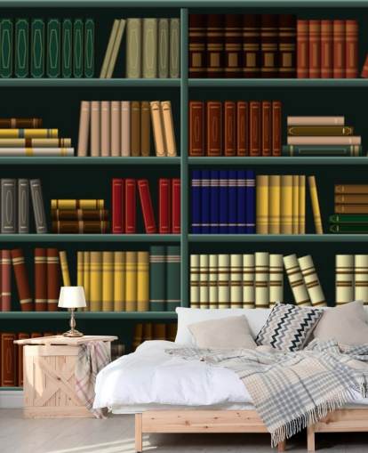 yellow, red and green books on green shelf wallpaper