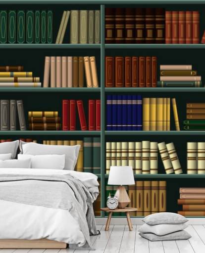 libros amarillos, rojos y verdes sobre papel tapiz verde