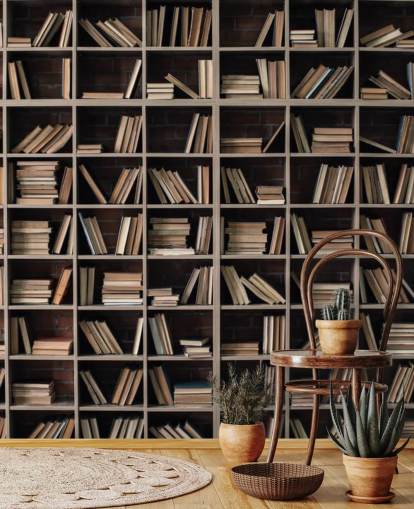 dark beige and brown bookshelves wallpaper