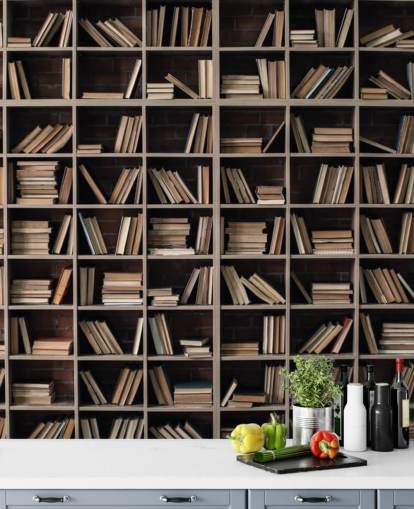 papel pintado de estanterías beige y marrón oscuro