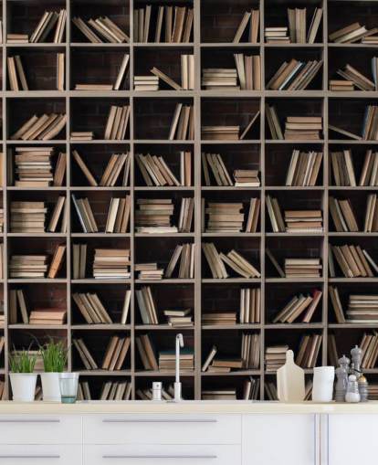 dark beige and brown bookshelves wallpaper