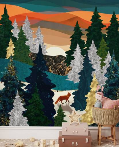 renard abstrait dans le papier peint forêt