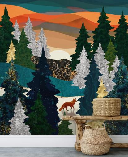 renard abstrait dans le papier peint forêt
