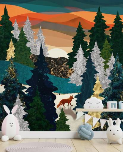 renard abstrait dans le papier peint forêt