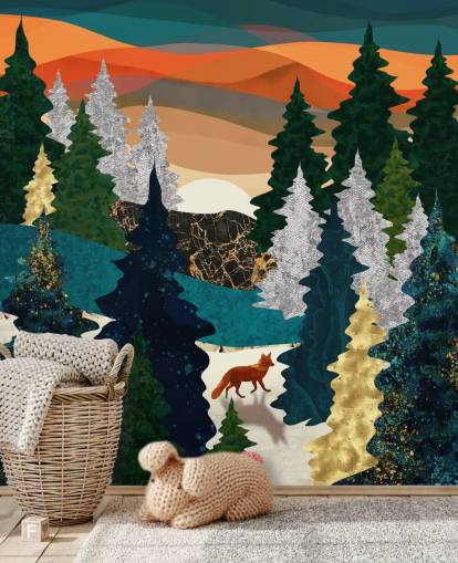 renard abstrait dans le papier peint forêt
