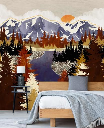 blue mountains and brown trees wallpaper