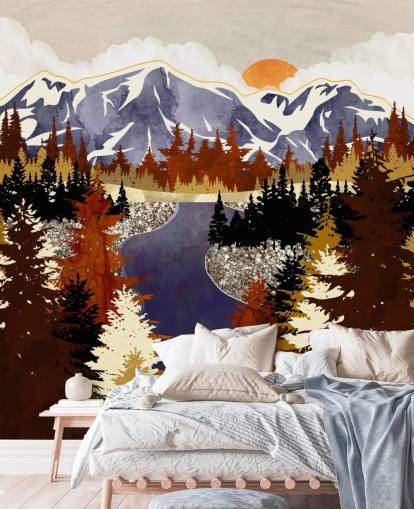 blue mountains and brown trees wallpaper