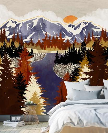 carta da parati blu montagne e alberi marroni