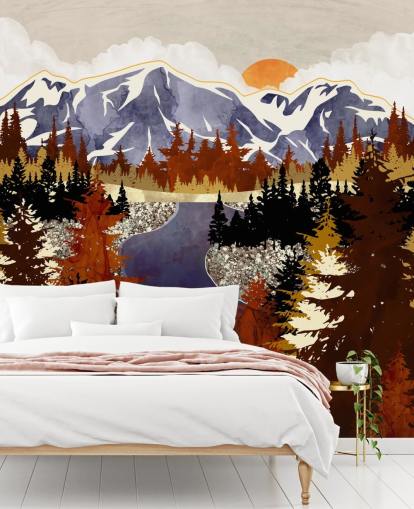 blue mountains and brown trees wallpaper