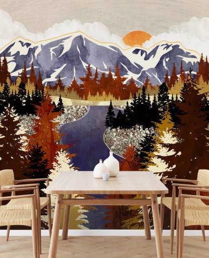 carta da parati blu montagne e alberi marroni