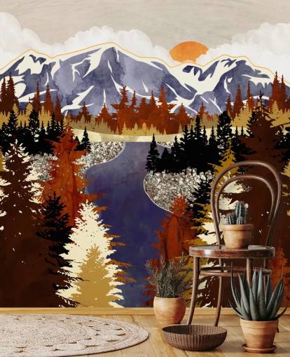 blue mountains and brown trees wallpaper