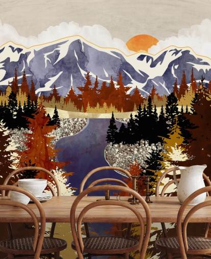 carta da parati blu montagne e alberi marroni