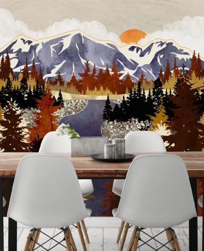 blue mountains and brown trees wallpaper