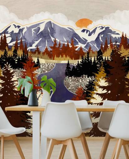 carta da parati blu montagne e alberi marroni