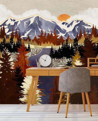 blue mountains and brown trees wallpaper