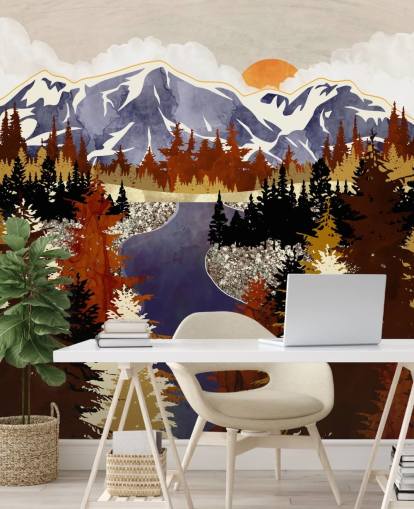 blue mountains and brown trees wallpaper