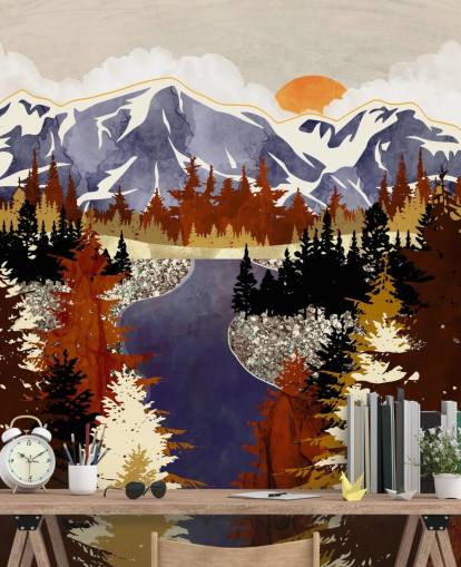 blå berg och bruna träd tapeter