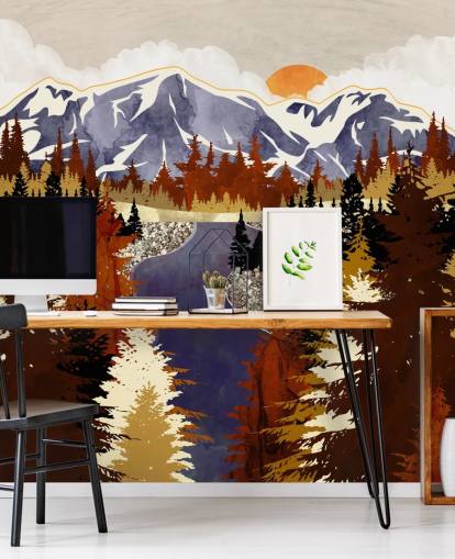 blue mountains and brown trees wallpaper