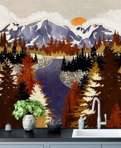 blue mountains and brown trees wallpaper