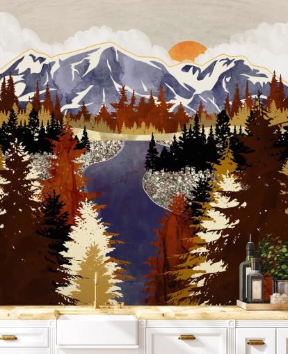 carta da parati blu montagne e alberi marroni