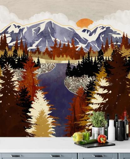 blue mountains and brown trees wallpaper