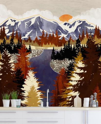 blue mountains and brown trees wallpaper