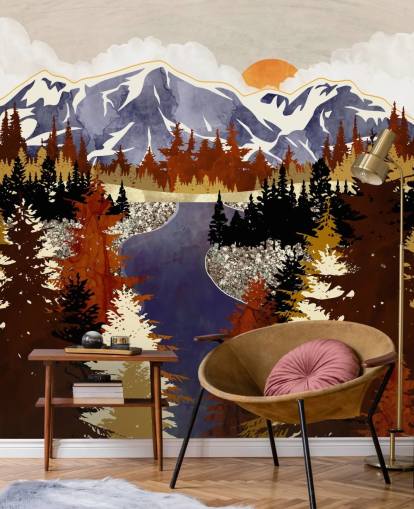 blue mountains and brown trees wallpaper