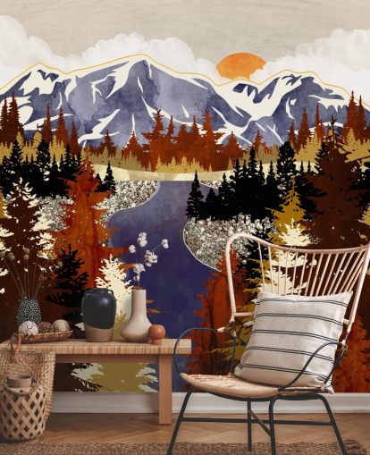 blue mountains and brown trees wallpaper