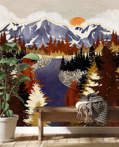 blue mountains and brown trees wallpaper