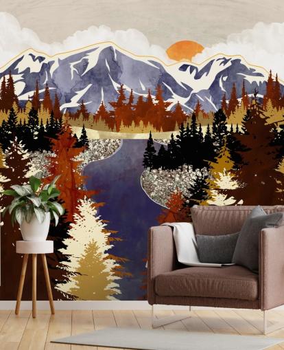 blue mountains and brown trees wallpaper