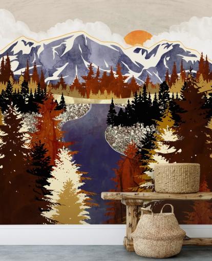 blue mountains and brown trees wallpaper