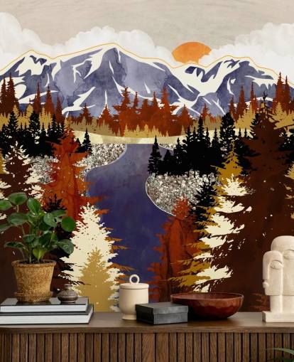 blue mountains and brown trees wallpaper