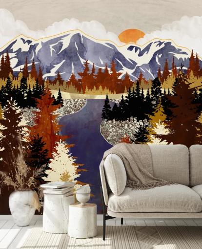 blue mountains and brown trees wallpaper