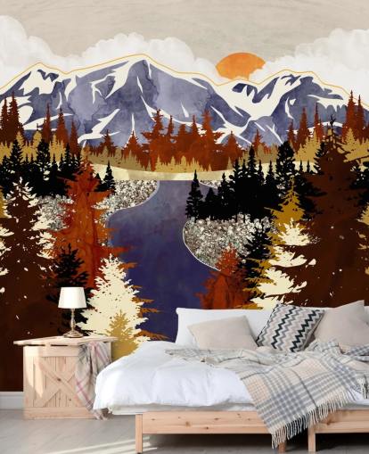 blue mountains and brown trees wallpaper