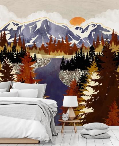 blue mountains and brown trees wallpaper