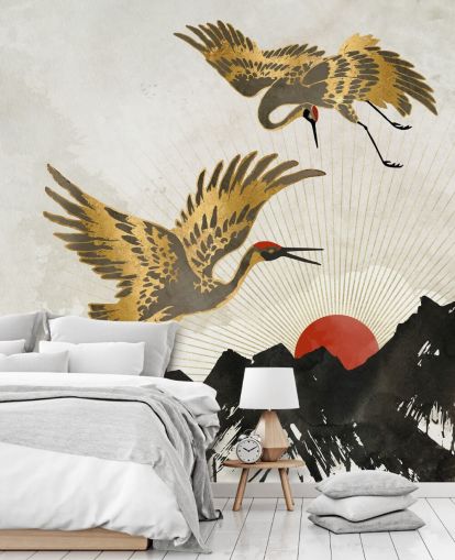 papel pintado grulla dorada y negra