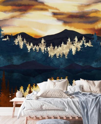 brown, navy and gold mountain and tree wallpaper