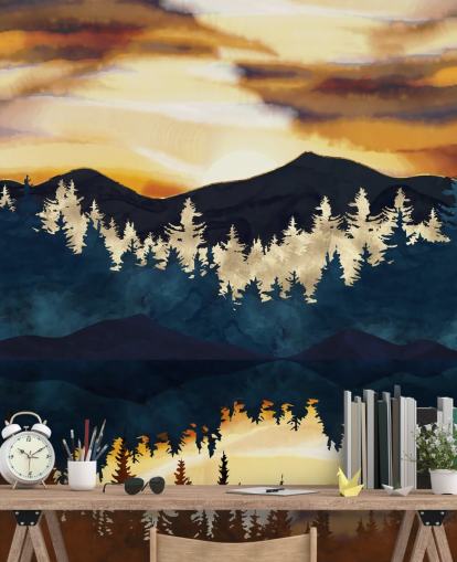 brun, marin och guld berg och träd tapeter