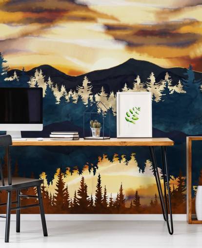 papier peint montagne et arbre marron, marine et or