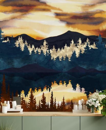 brown, navy and gold mountain and tree wallpaper