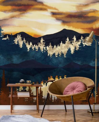 papier peint montagne et arbre marron, marine et or