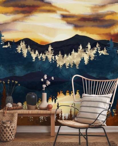 brown, navy and gold mountain and tree wallpaper