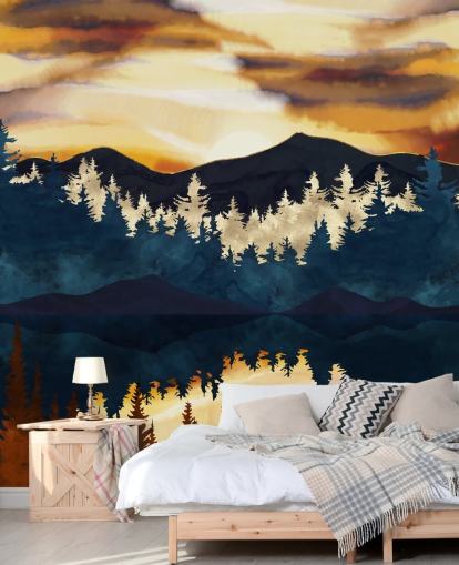 papier peint montagne et arbre marron, marine et or