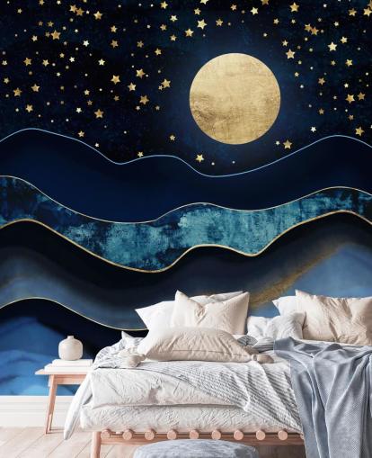 fondo de pantalla azul oscuro y dorado luna y cielo nocturno