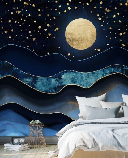 dark blue and gold moon and night sky wallpaper