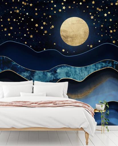 dunkelblau und gold Mond und Nachthimmel Tapete