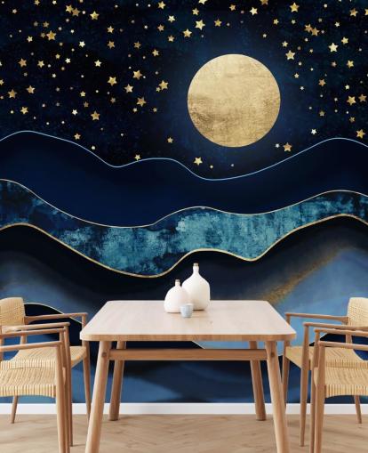 dunkelblau und gold Mond und Nachthimmel Tapete dunkelblau und gold Mond und Nachthimmel Tapete