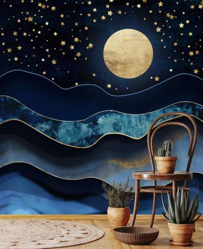 dark blue and gold moon and night sky wallpaper