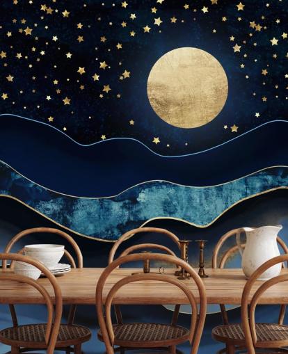 dark blue and gold moon and night sky wallpaper