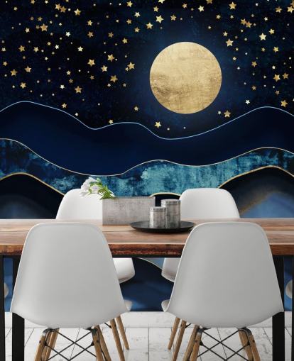 carta da parati blu scuro e oro luna e cielo notturno